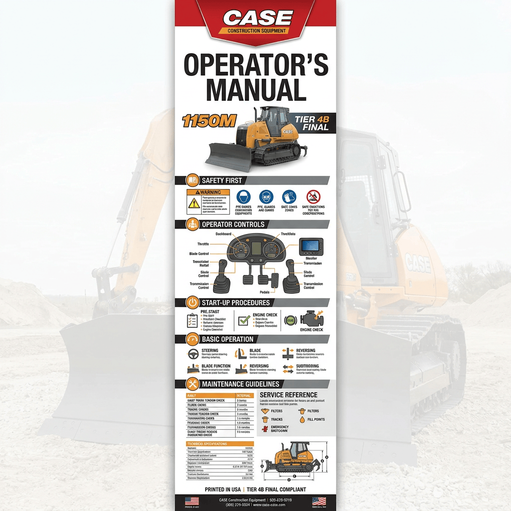 CASE 1150M operator’s manual cover with safety, controls, procedures, and maintenance information