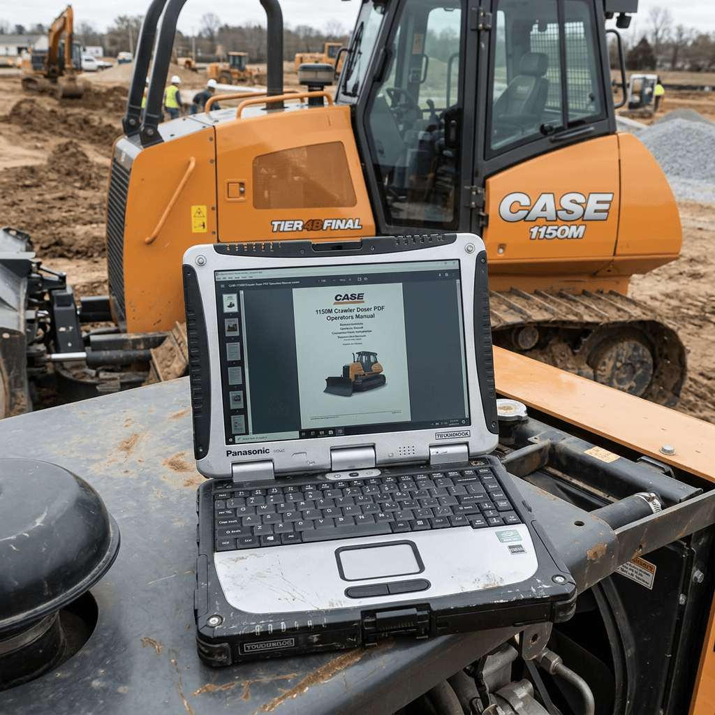 Laptop displaying CASE 1150M Crawler Dozer Operators Manual on construction equipment