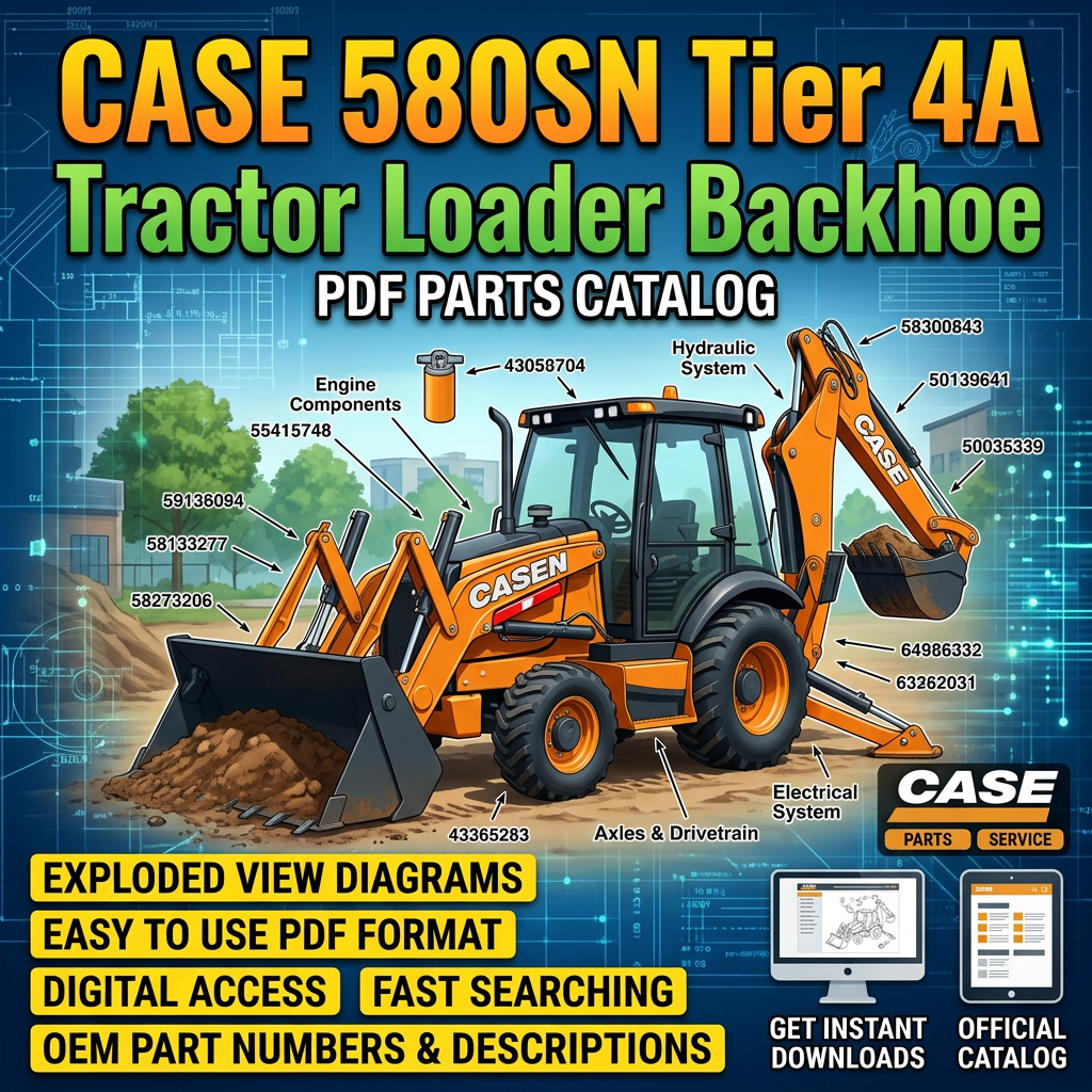 CASE 580SN Tier 4A Tractor Loader Backhoe PDF Parts Catalog; exploded view diagrams, OEM part numbers, digital access, fast searching, instant downloads, and official catalog