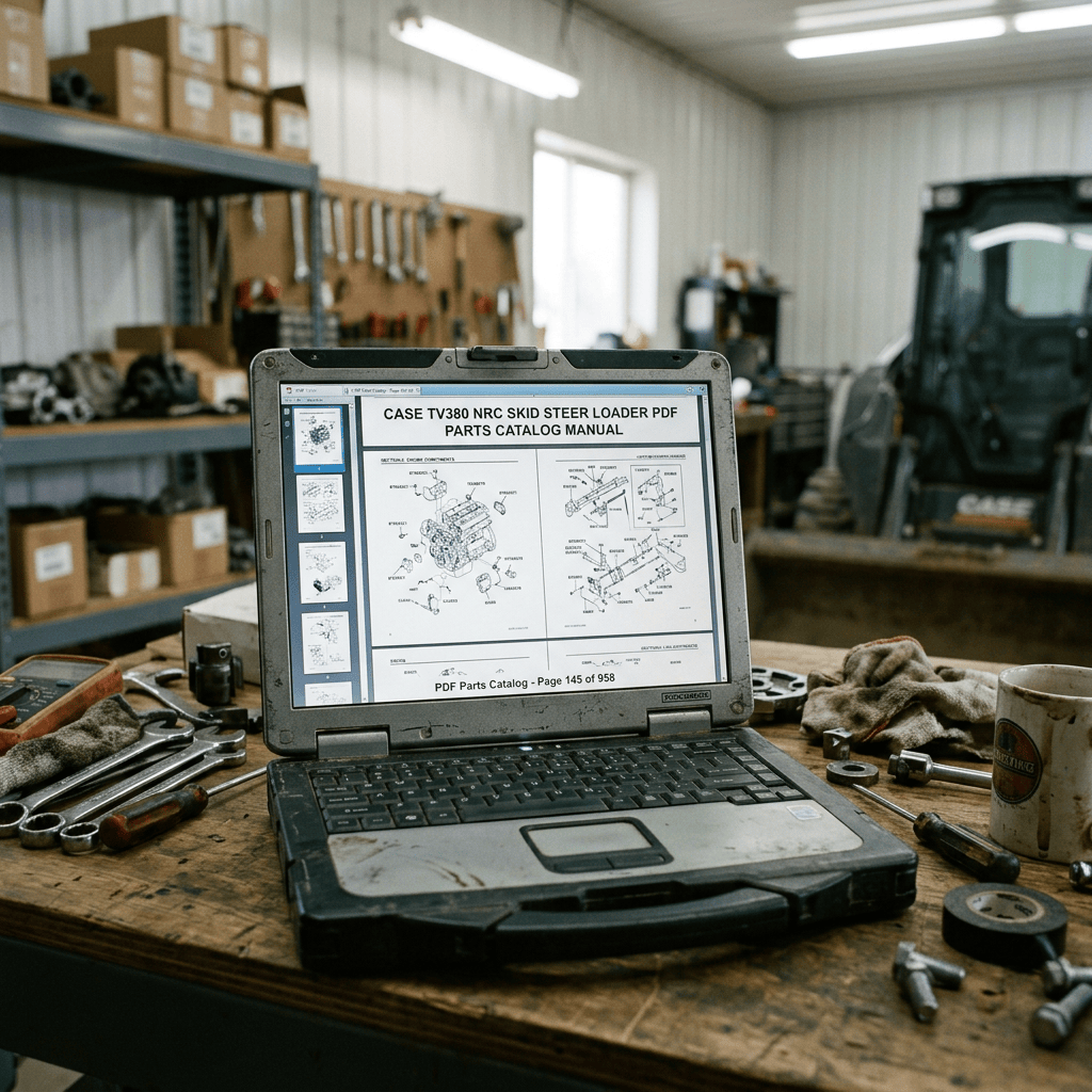 Laptop displays “CASE TV380 NRC SKID STEER LOADER PDF PARTS CATALOG MANUAL” and “PDF Parts Catalog - Page 145 of 958.”